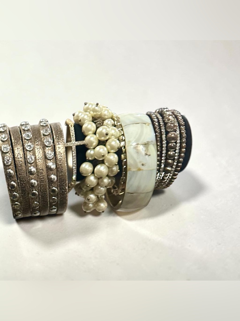 Boho Bracelet Stack Set Rhinestone Cuff Mother of Pearl Bangle Faux Pearl Beaded